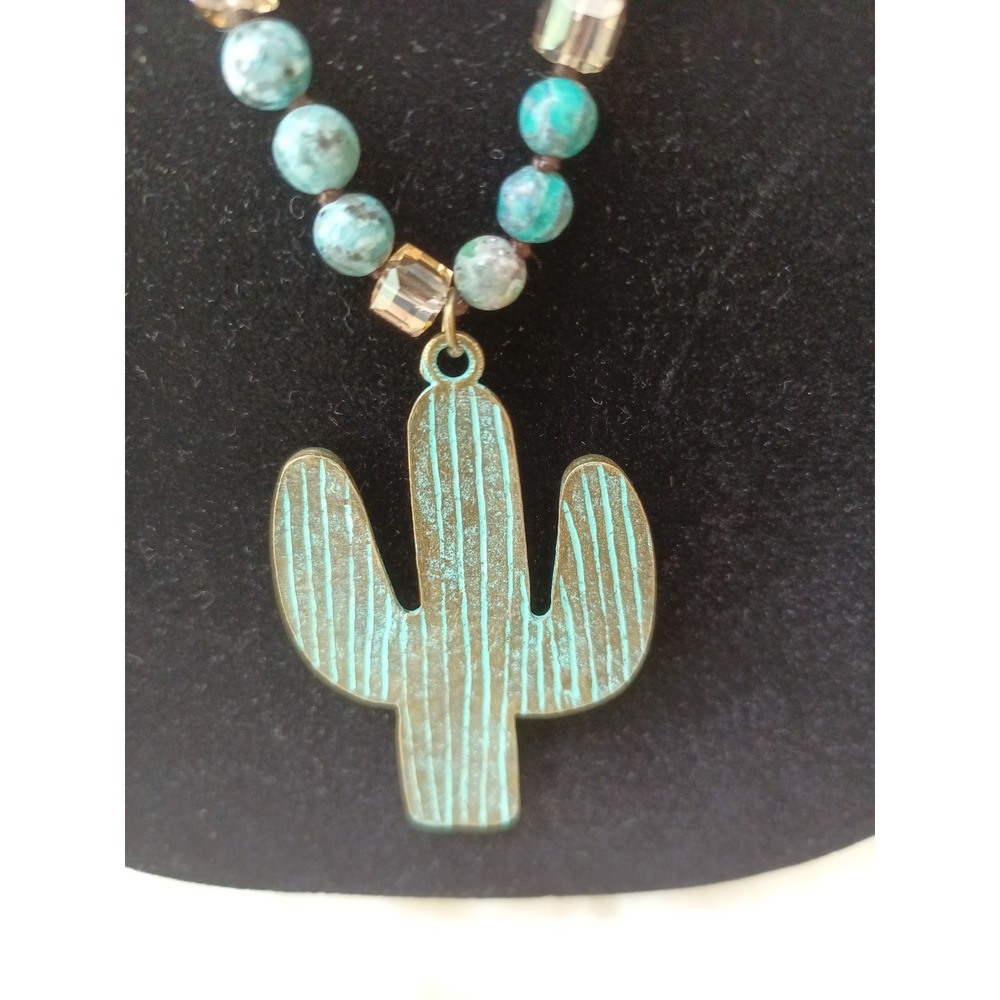 Wild & Free Cactus Pendant Beaded Necklace Turquoise Bronze Boho Southwestern - Picture 5 of 9